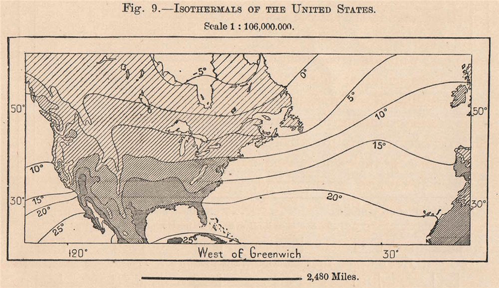 Isothermals of the United States. USA 1885 old antique vintage map plan chart